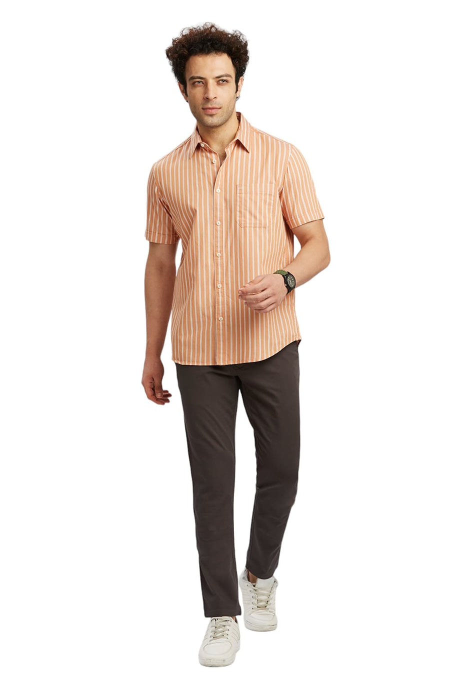 BASICS SLIM FIT SANDSTONE ORANGE COTTON TWILL STRIPE HALFSLEEVES SHIRT