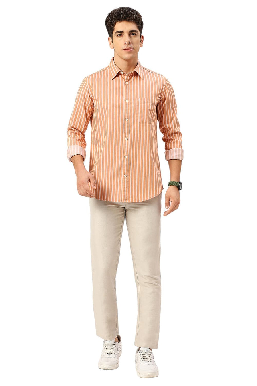 BASICS SLIM FIT SANDSTONE ORANGE COTTON TWILL STRIPE SHIRT