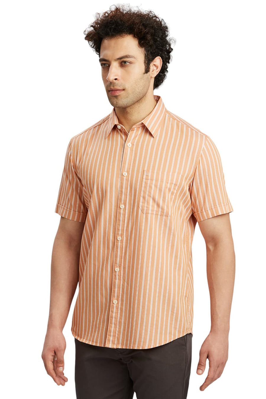 BASICS SLIM FIT SANDSTONE ORANGE COTTON TWILL STRIPE HALFSLEEVES SHIRT