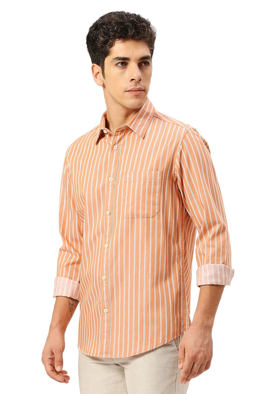 BASICS SLIM FIT SANDSTONE ORANGE COTTON TWILL STRIPE SHIRT