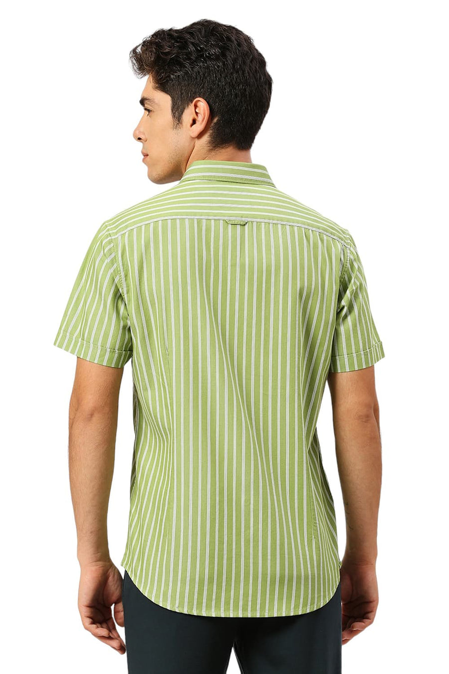 BASICS SLIM FIT SPINACH GREEN COTTON TWILL STRIPE HALFSLEEVES SHIRT