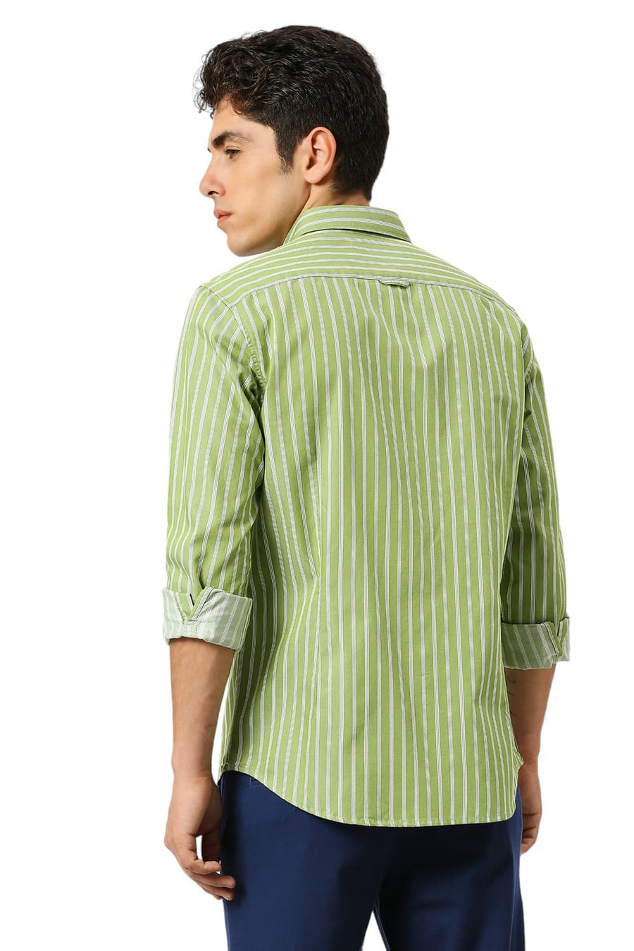 BASICS SLIM FIT SPINACH GREEN COTTON TWILL STRIPE SHIRT