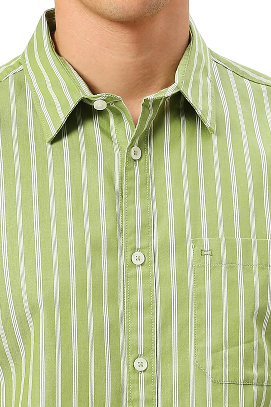 BASICS SLIM FIT SPINACH GREEN COTTON TWILL STRIPE HALFSLEEVES SHIRT