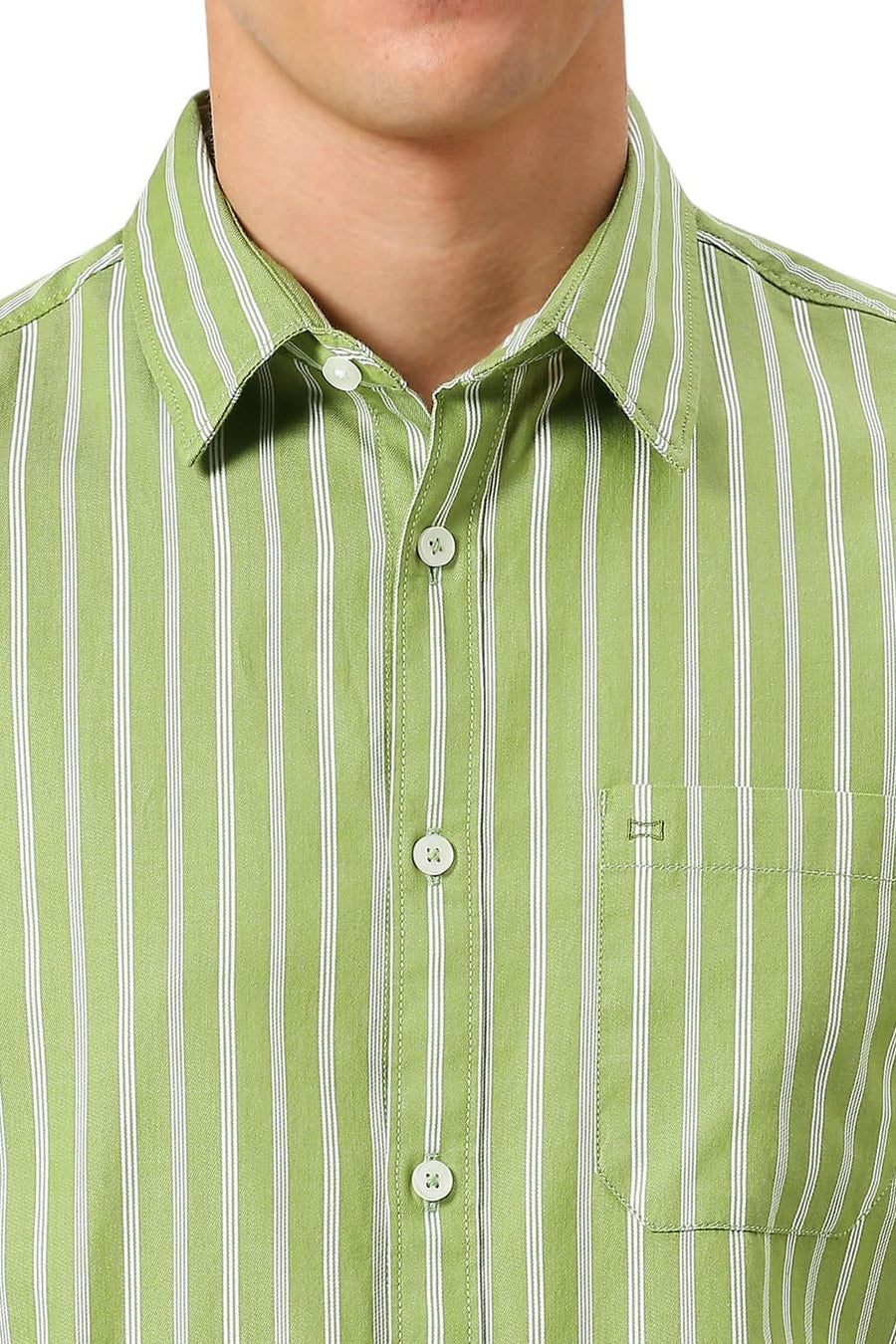 BASICS SLIM FIT SPINACH GREEN COTTON TWILL STRIPE SHIRT