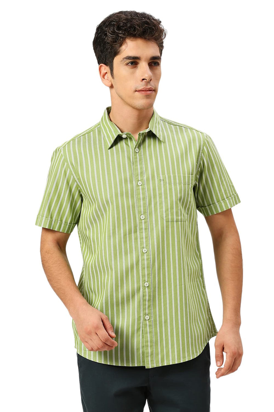 BASICS SLIM FIT SPINACH GREEN COTTON TWILL STRIPE HALFSLEEVES SHIRT