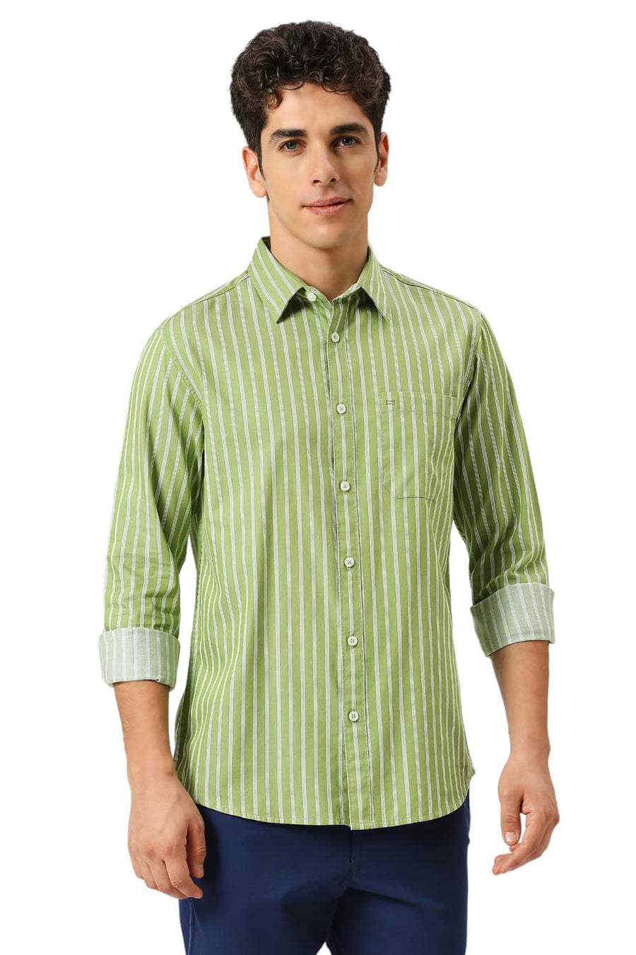 BASICS SLIM FIT SPINACH GREEN COTTON TWILL STRIPE SHIRT
