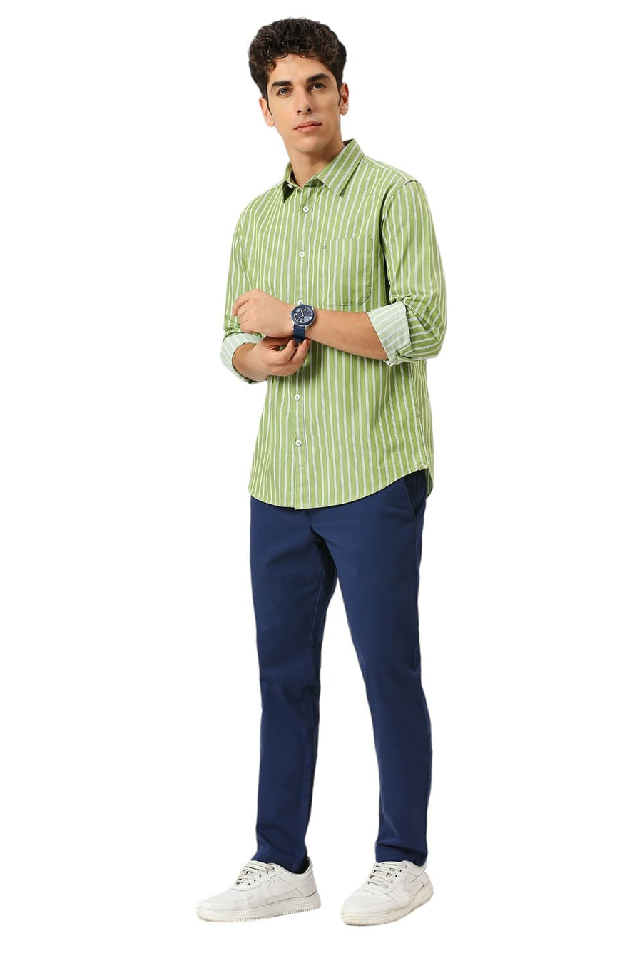 BASICS SLIM FIT SPINACH GREEN COTTON TWILL STRIPE SHIRT