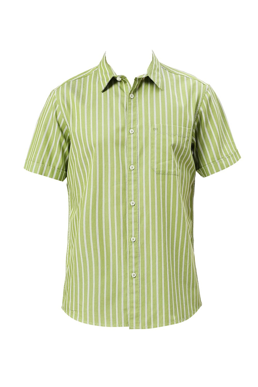BASICS SLIM FIT SPINACH GREEN COTTON TWILL STRIPE HALFSLEEVES SHIRT