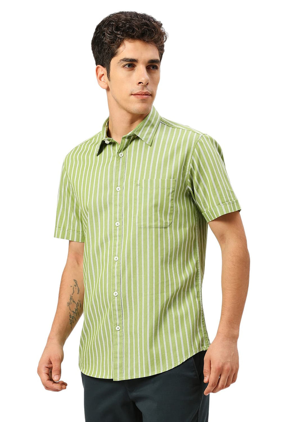 BASICS SLIM FIT SPINACH GREEN COTTON TWILL STRIPE HALFSLEEVES SHIRT