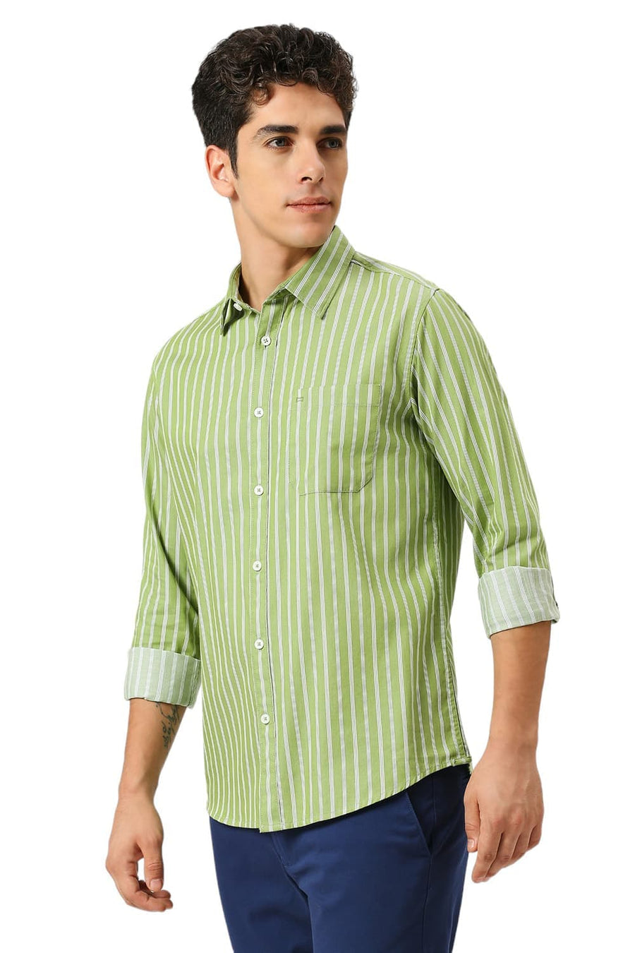 BASICS SLIM FIT SPINACH GREEN COTTON TWILL STRIPE SHIRT