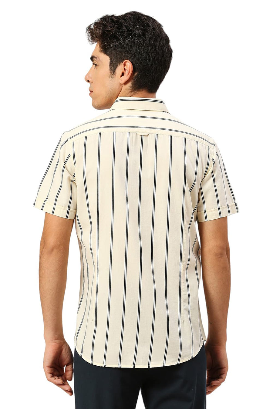 BASICS SLIM FIT CORN YELLOW COTTON TWILL STRIPE HALFSLEEVES SHIRT