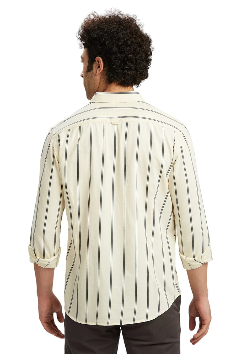 BASICS SLIM FIT CORN YELLOW COTTON TWILL STRIPE SHIRT