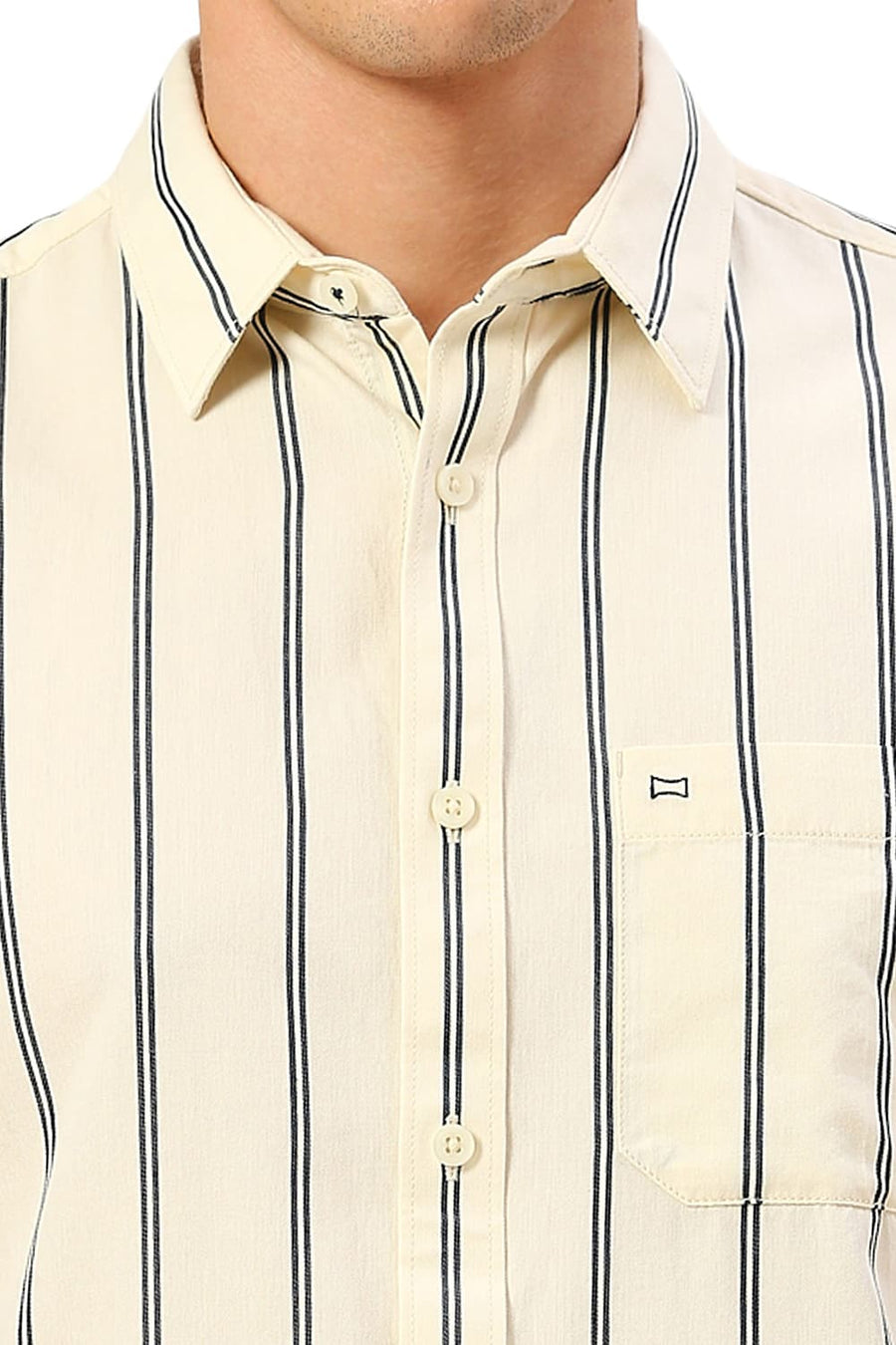 BASICS SLIM FIT CORN YELLOW COTTON TWILL STRIPE HALFSLEEVES SHIRT