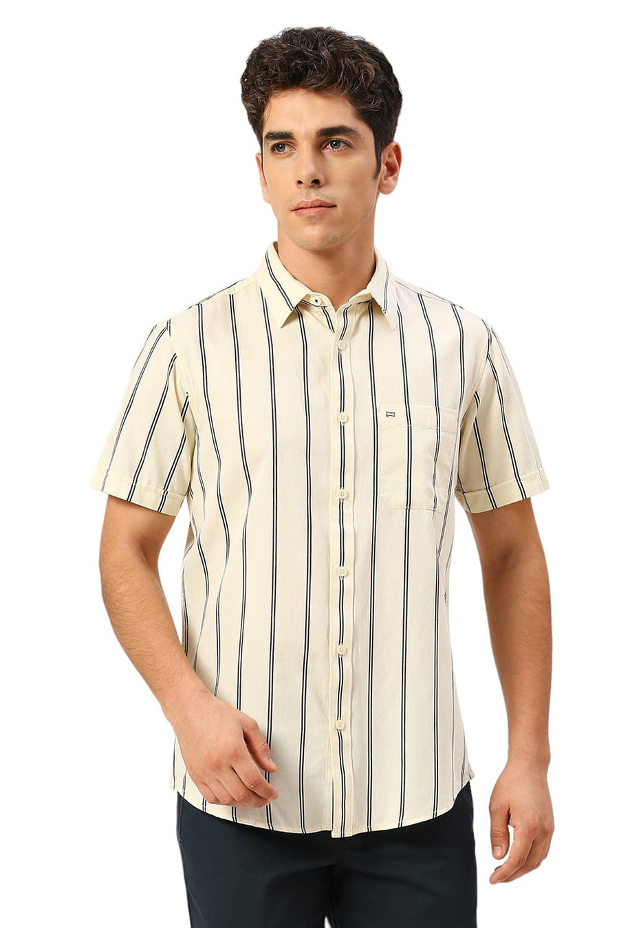 BASICS SLIM FIT CORN YELLOW COTTON TWILL STRIPE HALFSLEEVES SHIRT
