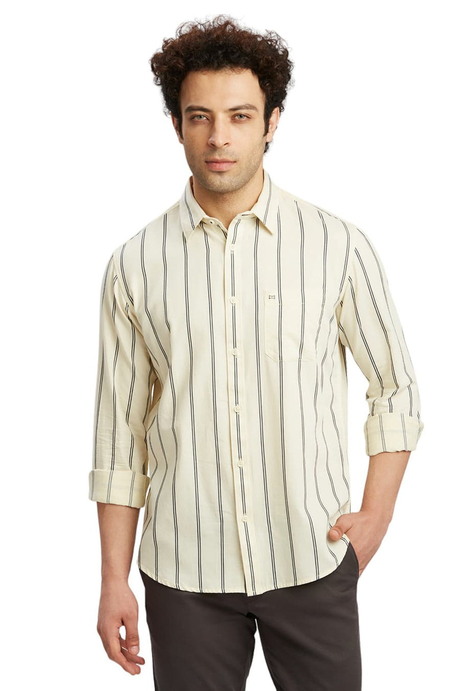 BASICS SLIM FIT CORN YELLOW COTTON TWILL STRIPE SHIRT