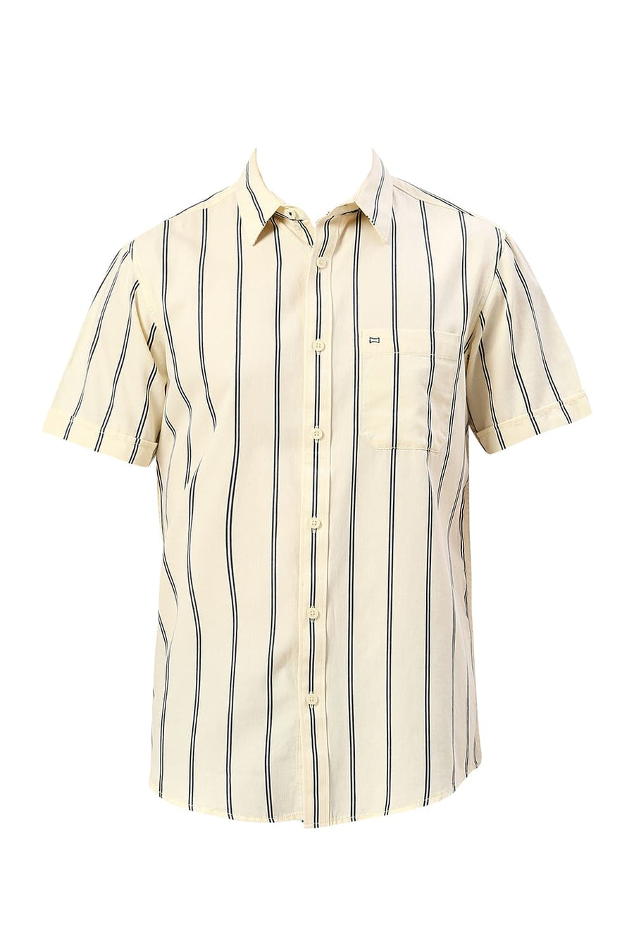 BASICS SLIM FIT CORN YELLOW COTTON TWILL STRIPE HALFSLEEVES SHIRT