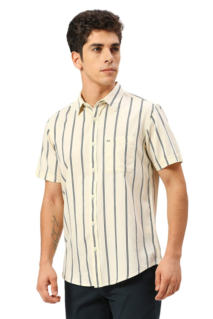BASICS SLIM FIT CORN YELLOW COTTON TWILL STRIPE HALFSLEEVES SHIRT