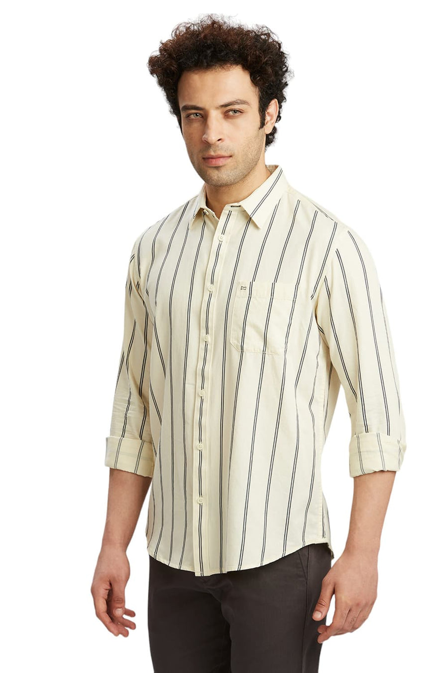 BASICS SLIM FIT CORN YELLOW COTTON TWILL STRIPE SHIRT