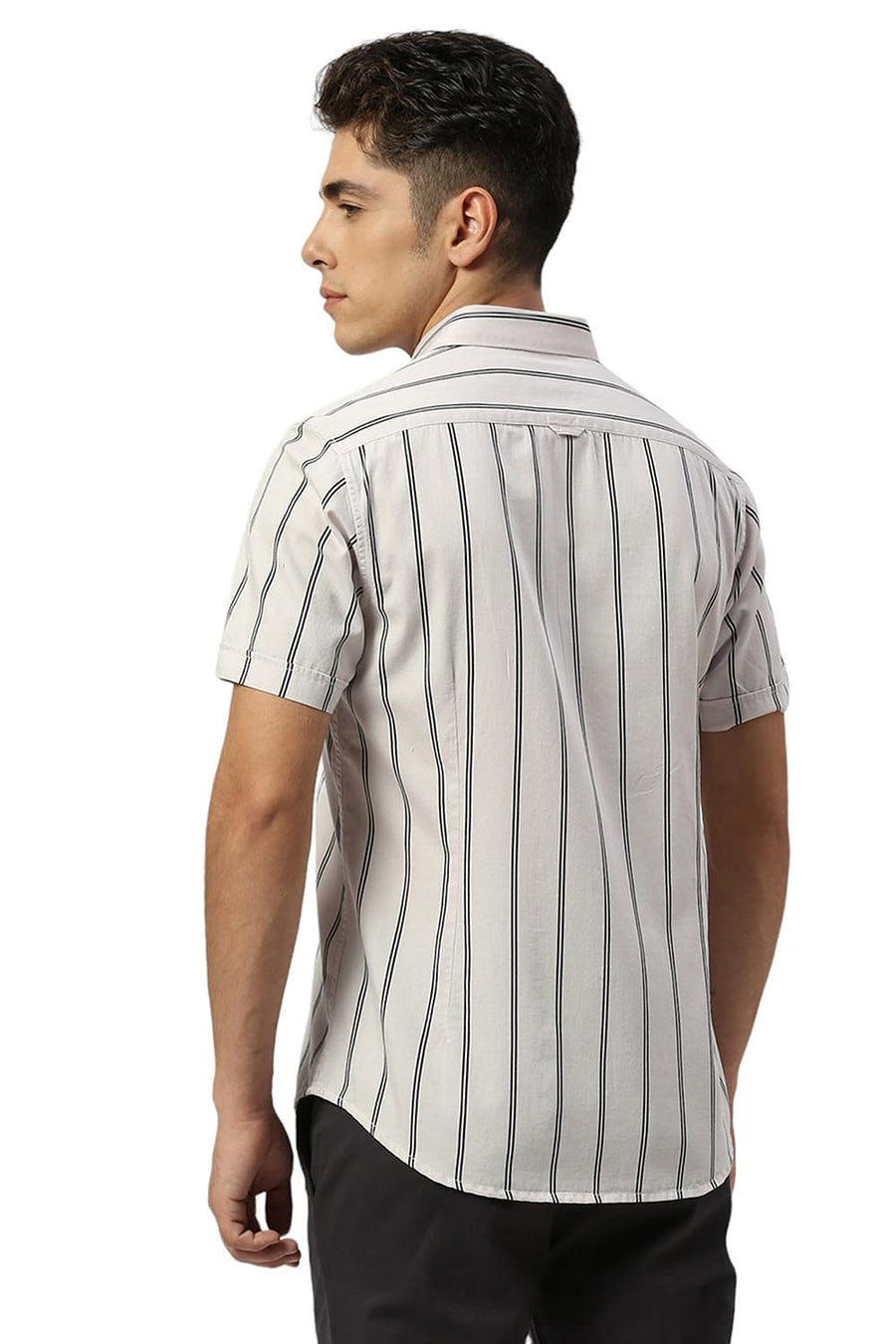 BASICS SLIM FIT ECRU CHALK COTTON TWILL STRIPE HALFSLEEVES SHIRT