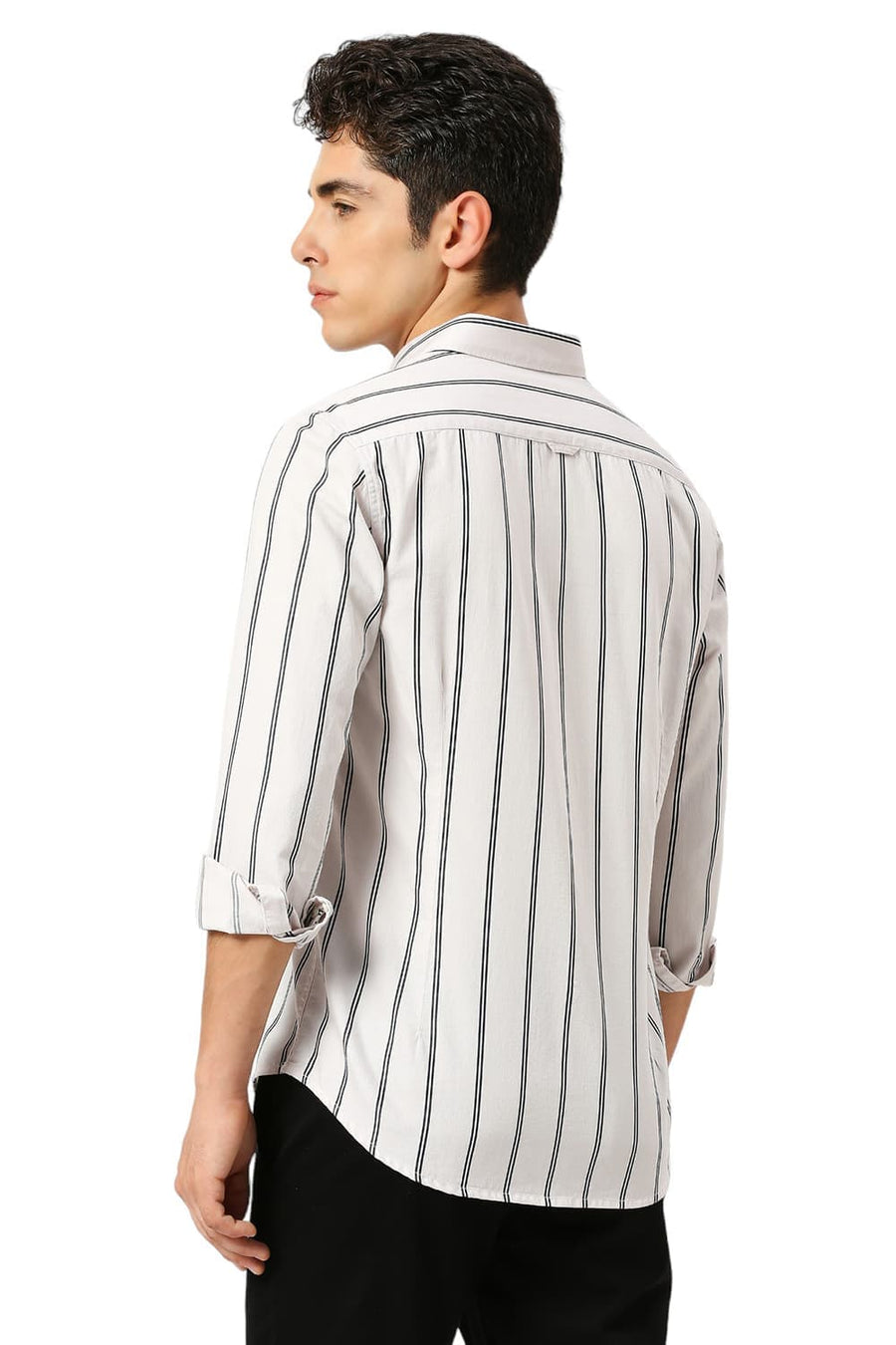 BASICS SLIM FIT ECRU CHALK COTTON TWILL STRIPE SHIRT