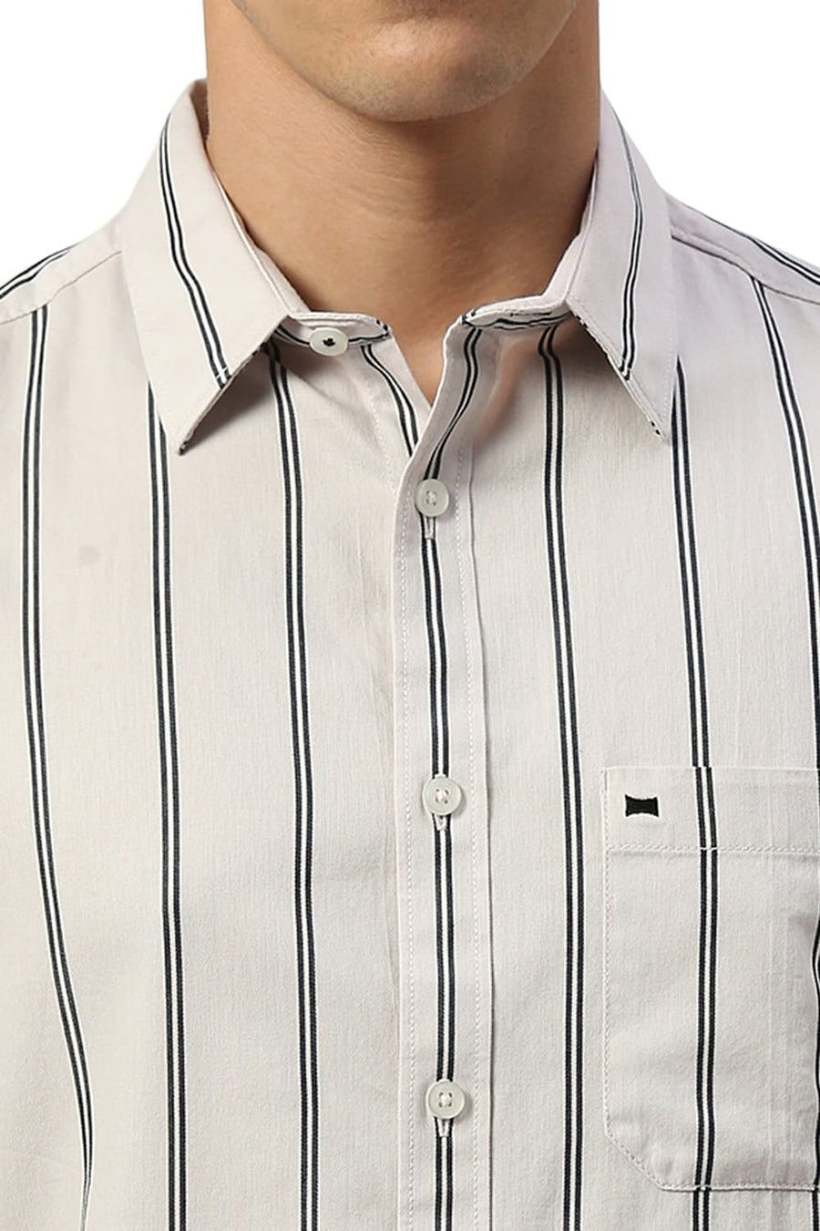 BASICS SLIM FIT ECRU CHALK COTTON TWILL STRIPE HALFSLEEVES SHIRT