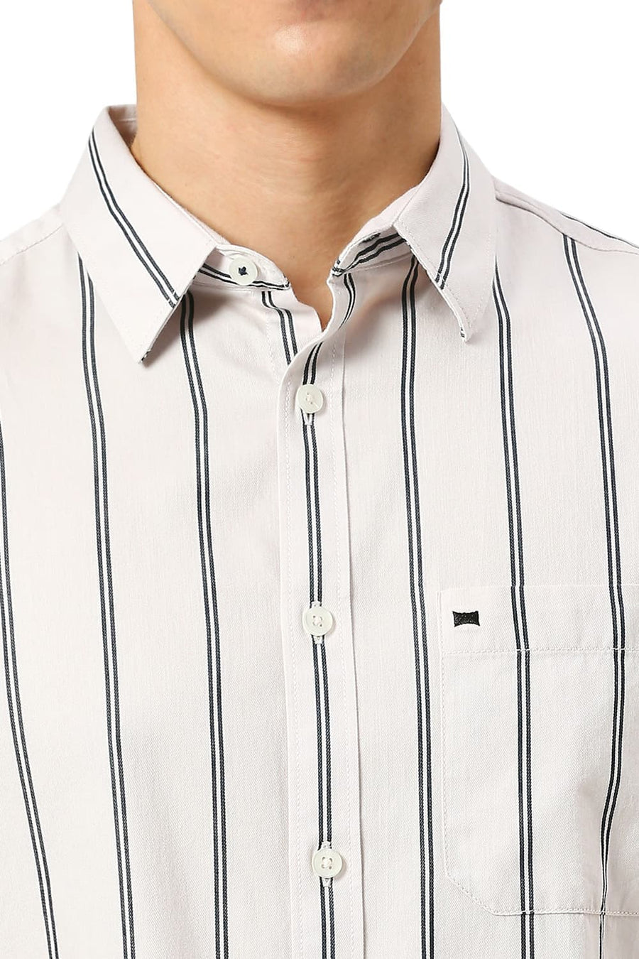 BASICS SLIM FIT ECRU CHALK COTTON TWILL STRIPE SHIRT