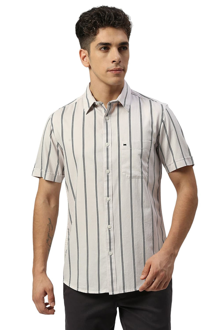 BASICS SLIM FIT ECRU CHALK COTTON TWILL STRIPE HALFSLEEVES SHIRT