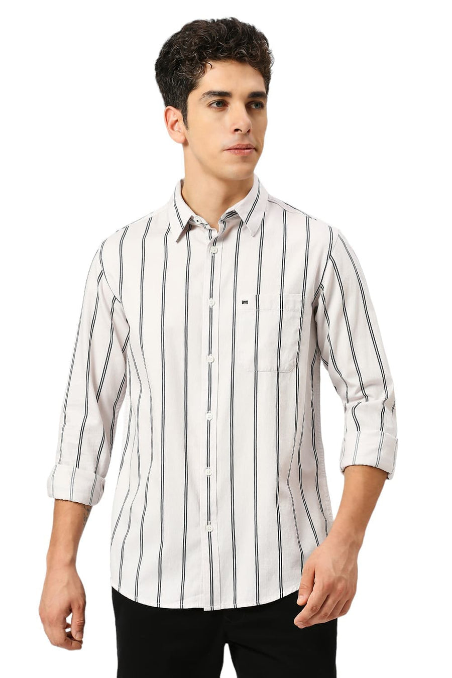 BASICS SLIM FIT ECRU CHALK COTTON TWILL STRIPE SHIRT