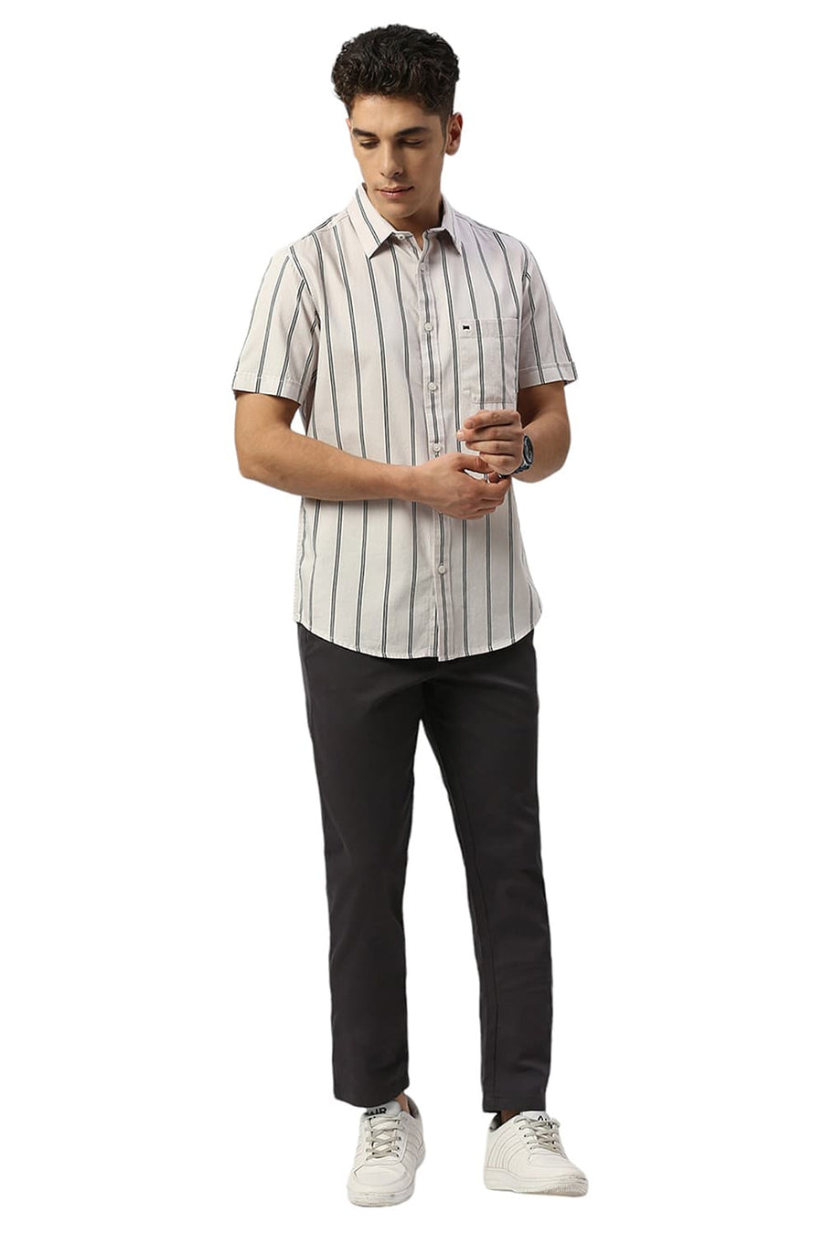 BASICS SLIM FIT ECRU CHALK COTTON TWILL STRIPE HALFSLEEVES SHIRT