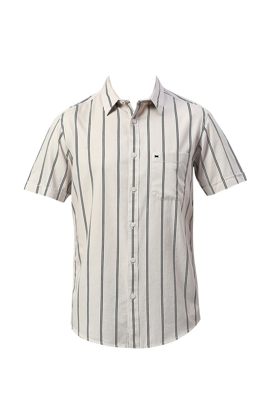 BASICS SLIM FIT ECRU CHALK COTTON TWILL STRIPE HALFSLEEVES SHIRT