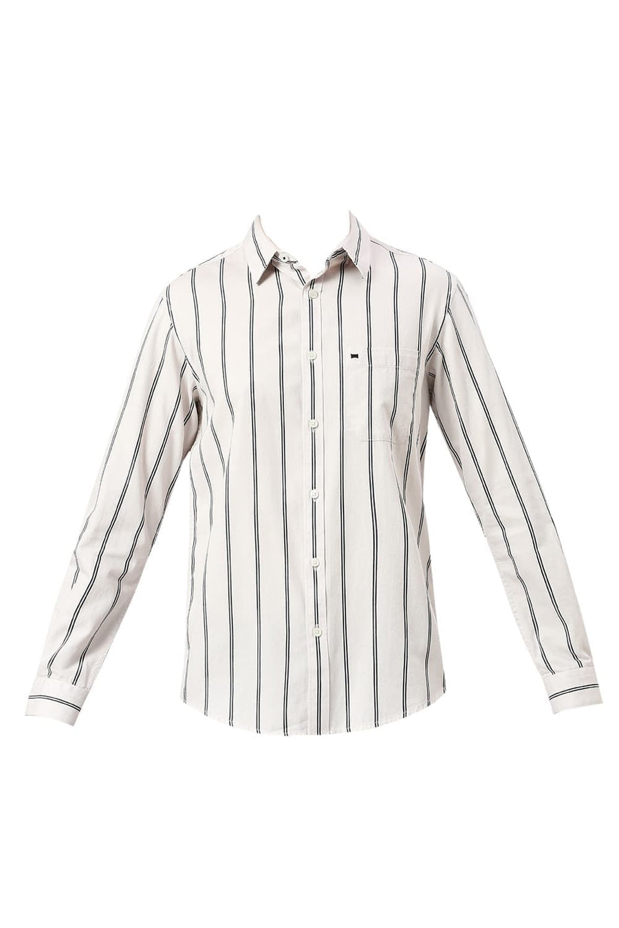BASICS SLIM FIT ECRU CHALK COTTON TWILL STRIPE SHIRT