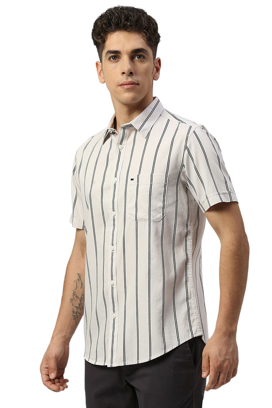 BASICS SLIM FIT ECRU CHALK COTTON TWILL STRIPE HALFSLEEVES SHIRT