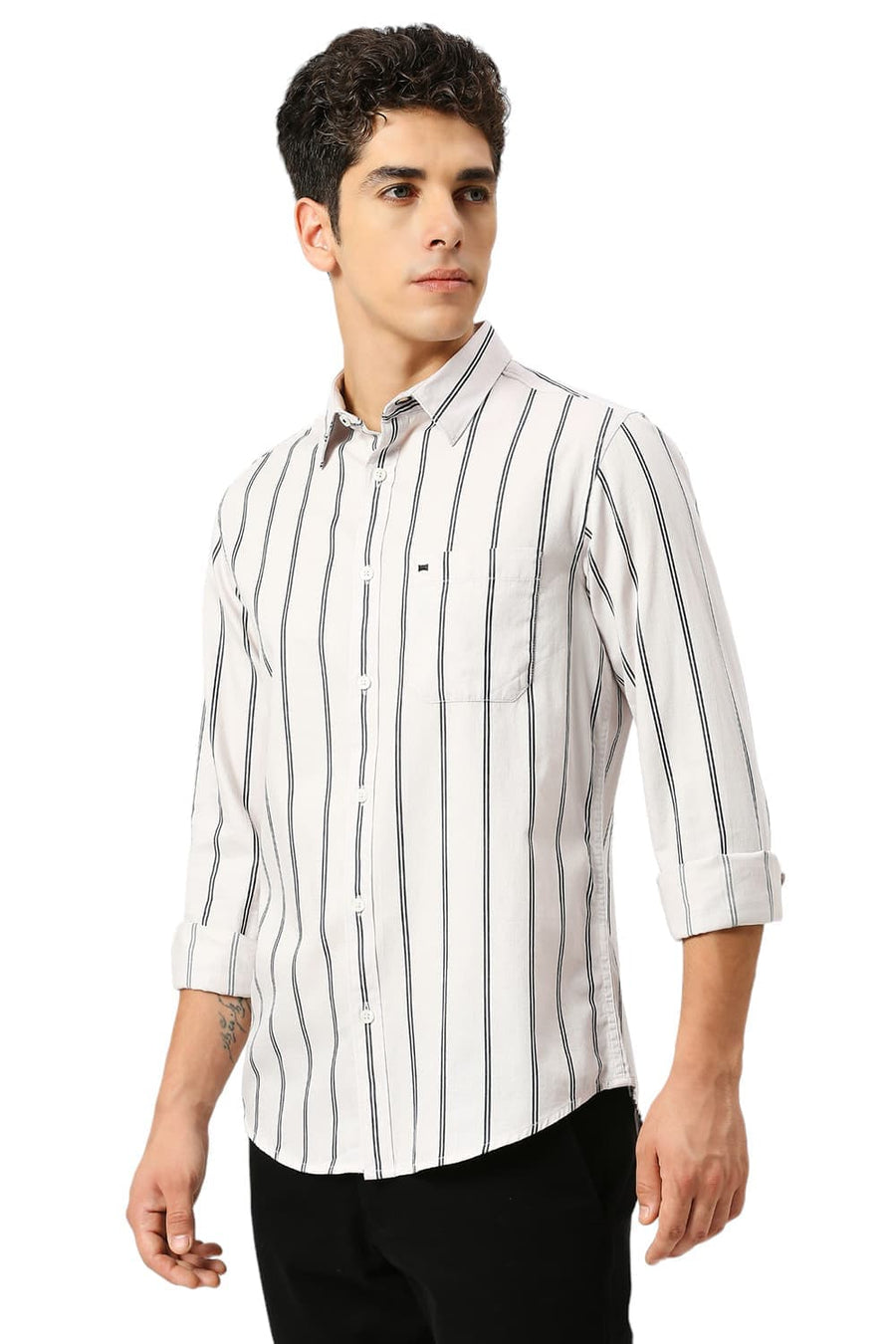 BASICS SLIM FIT ECRU CHALK COTTON TWILL STRIPE SHIRT