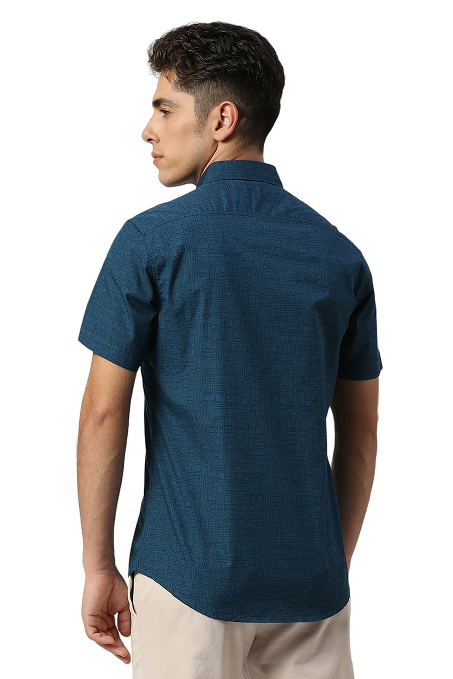 BASICS SLIM FIT CORSAIR TEAL COTTON PRINTED HALFSLEEVES SHIRT