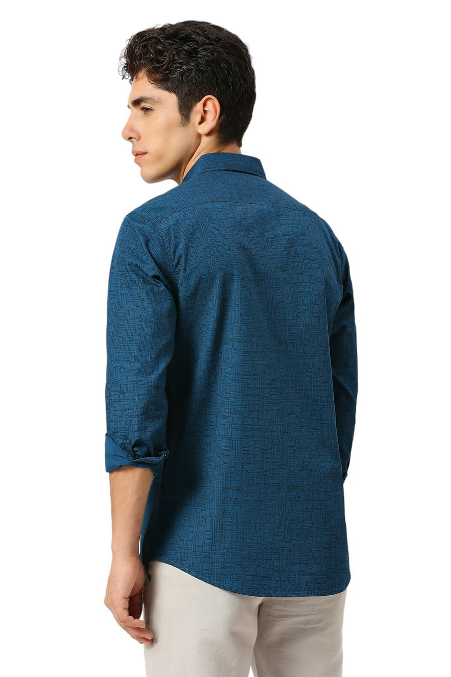 BASICS SLIM FIT CORSAIR TEAL COTTON PRINTED SHIRT