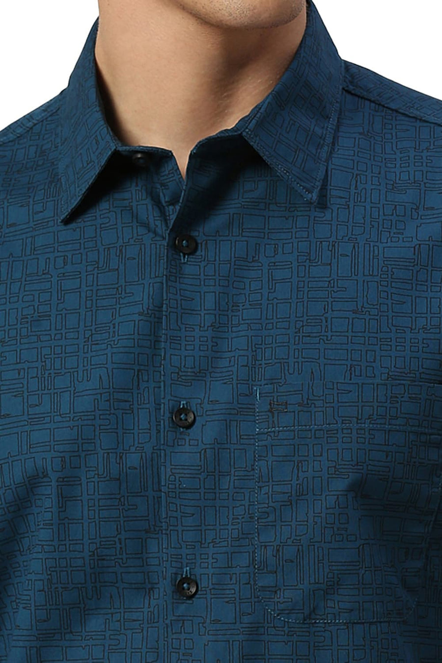 BASICS SLIM FIT CORSAIR TEAL COTTON PRINTED HALFSLEEVES SHIRT