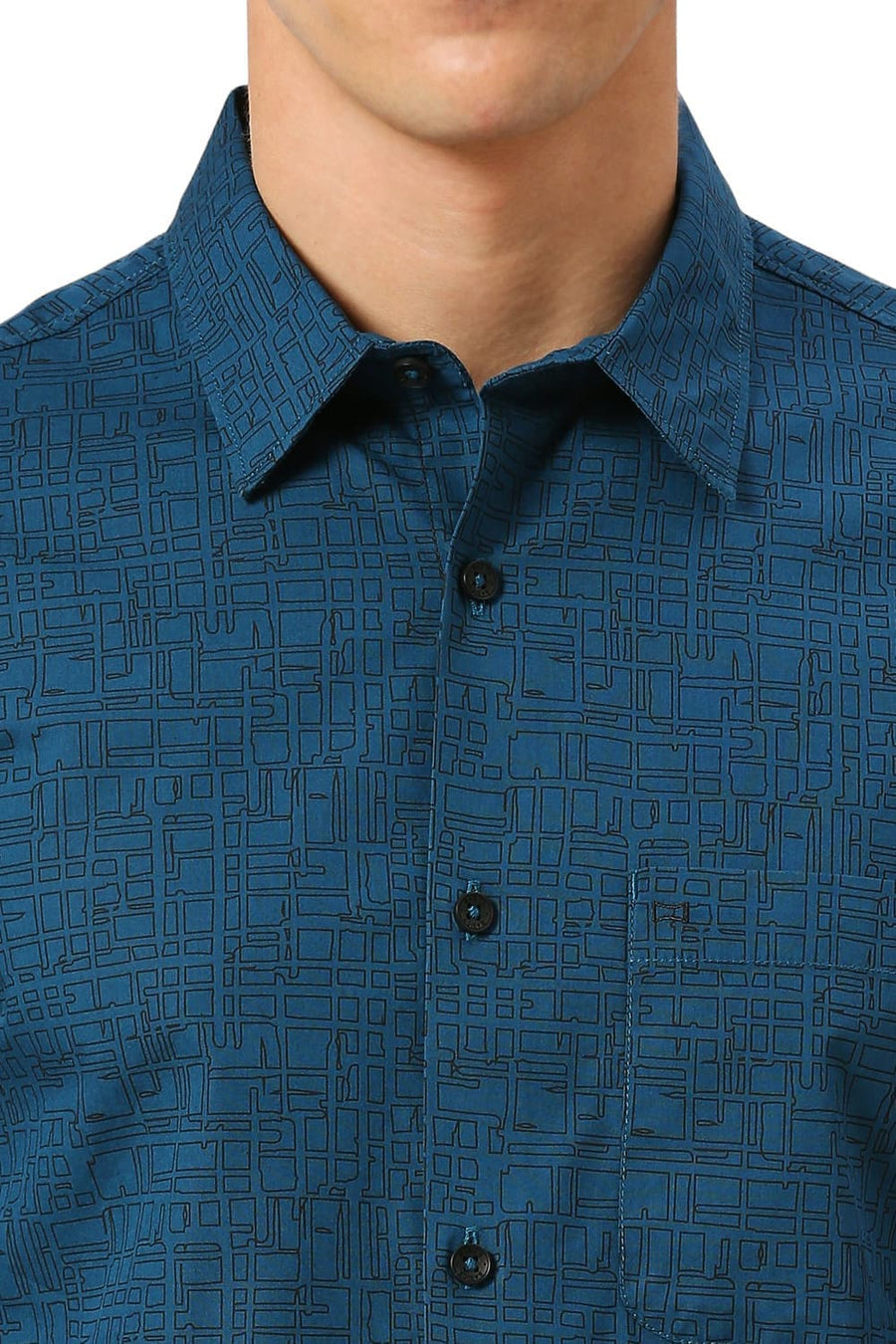 BASICS SLIM FIT CORSAIR TEAL COTTON PRINTED SHIRT