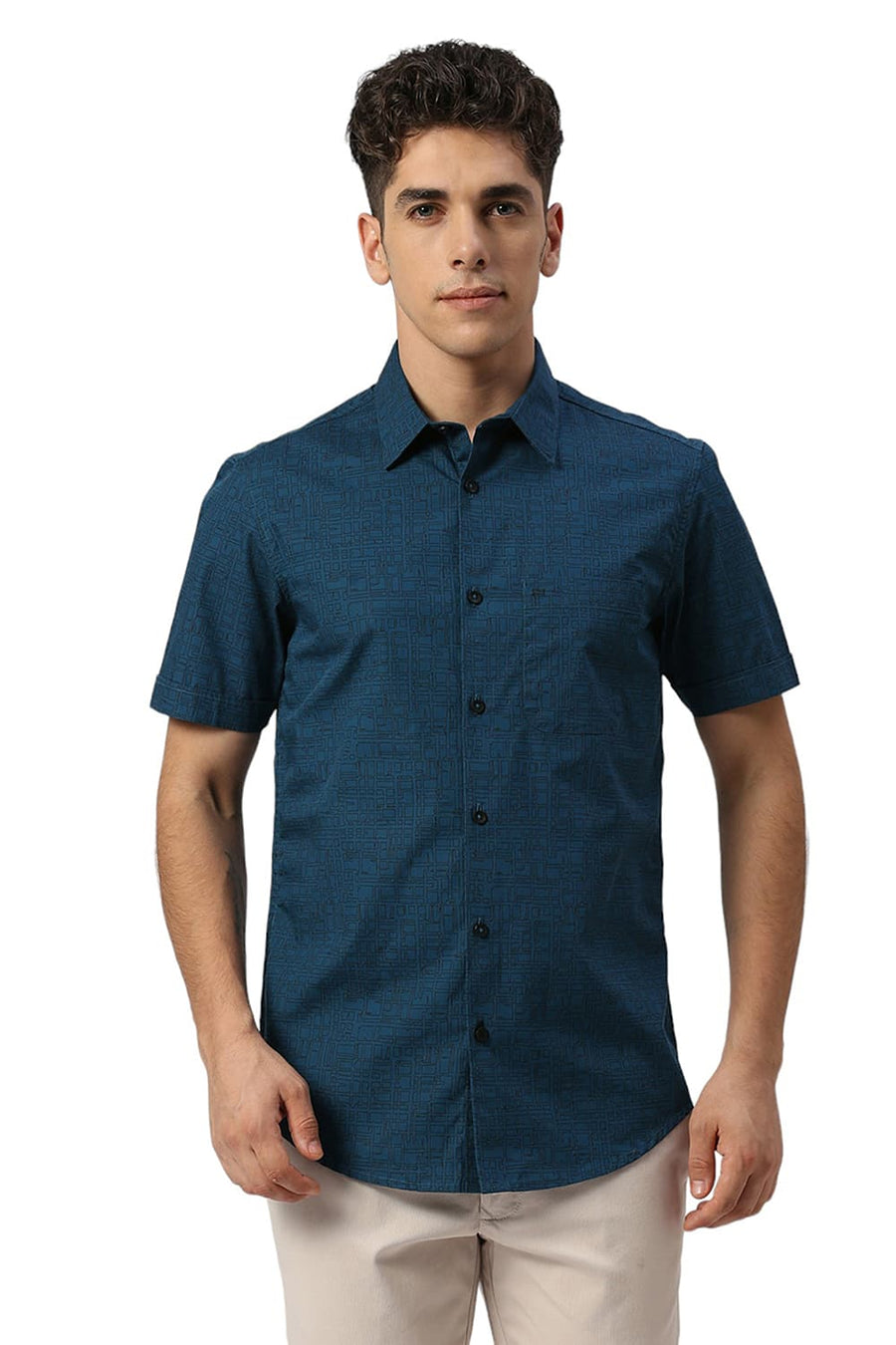 BASICS SLIM FIT CORSAIR TEAL COTTON PRINTED HALFSLEEVES SHIRT
