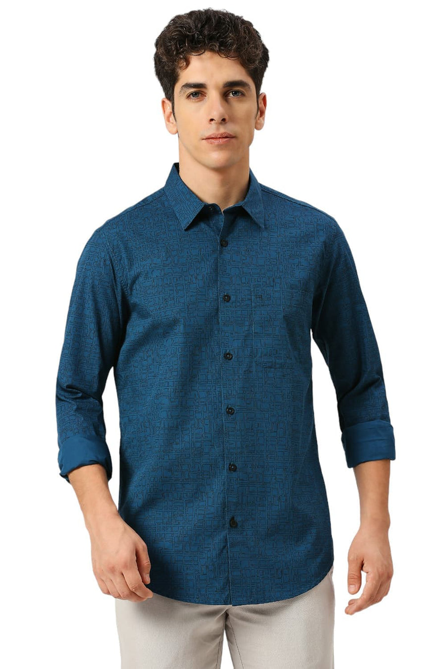 BASICS SLIM FIT CORSAIR TEAL COTTON PRINTED SHIRT