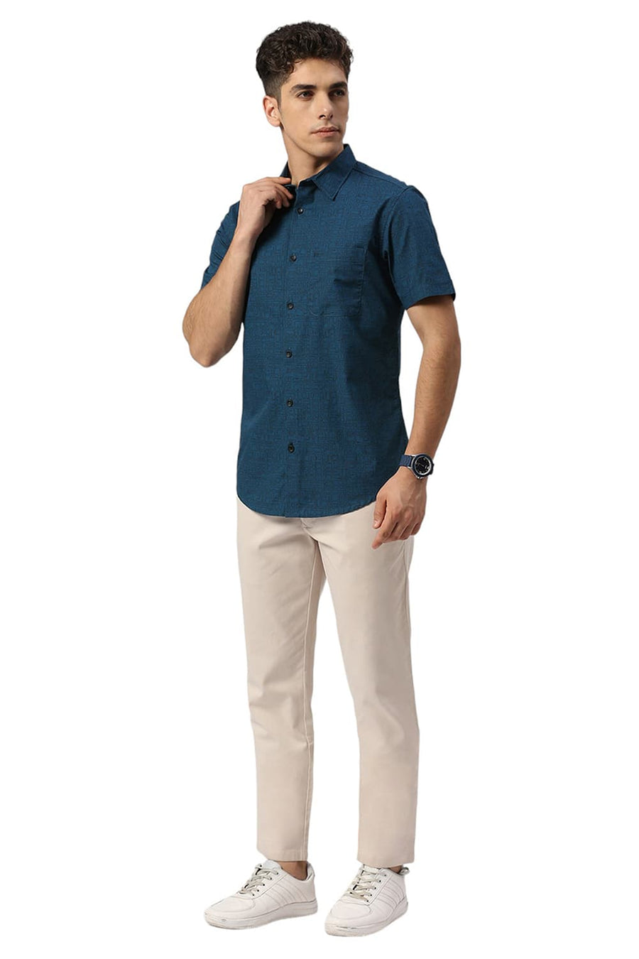 BASICS SLIM FIT CORSAIR TEAL COTTON PRINTED HALFSLEEVES SHIRT