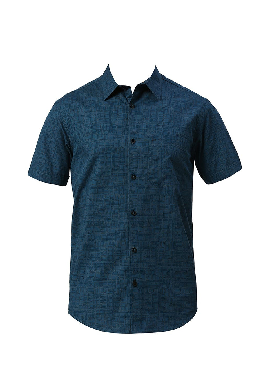 BASICS SLIM FIT CORSAIR TEAL COTTON PRINTED HALFSLEEVES SHIRT