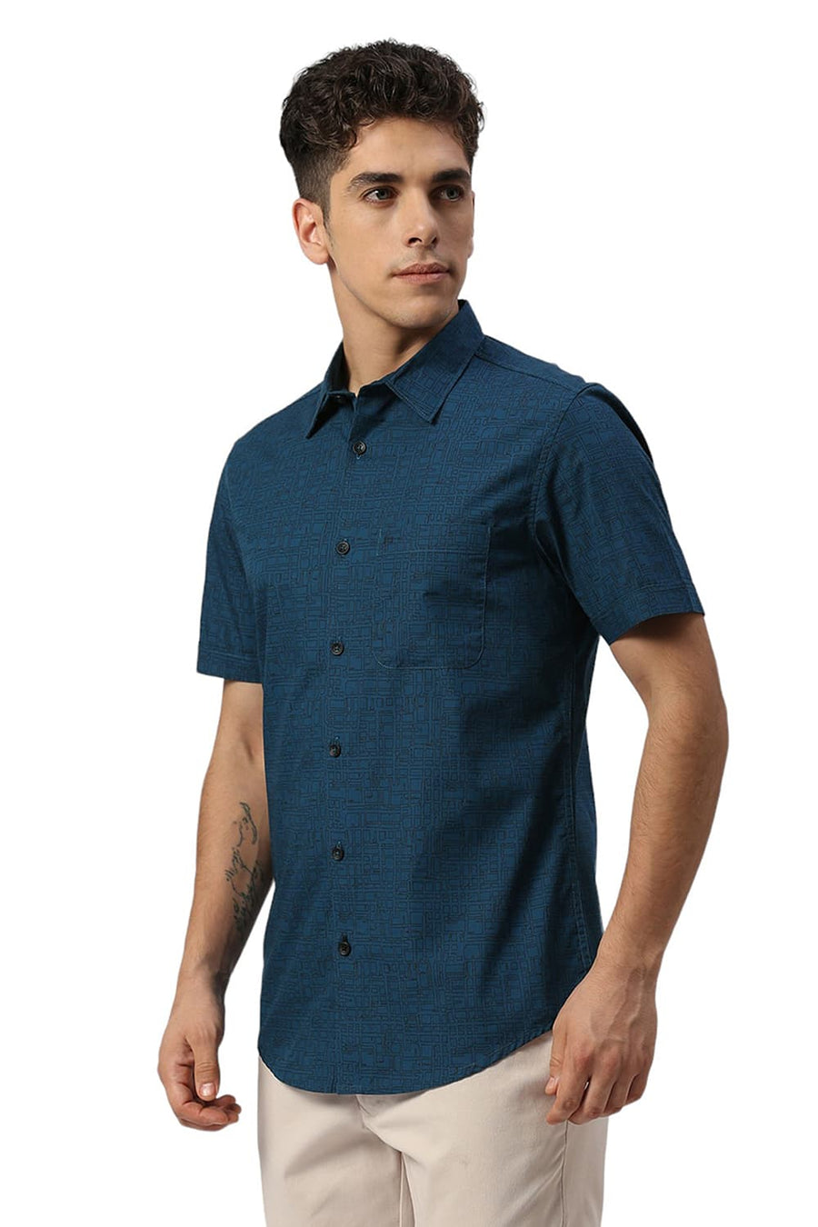 BASICS SLIM FIT CORSAIR TEAL COTTON PRINTED HALFSLEEVES SHIRT