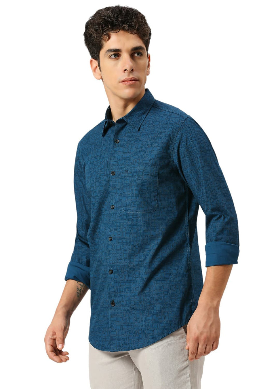 BASICS SLIM FIT CORSAIR TEAL COTTON PRINTED SHIRT