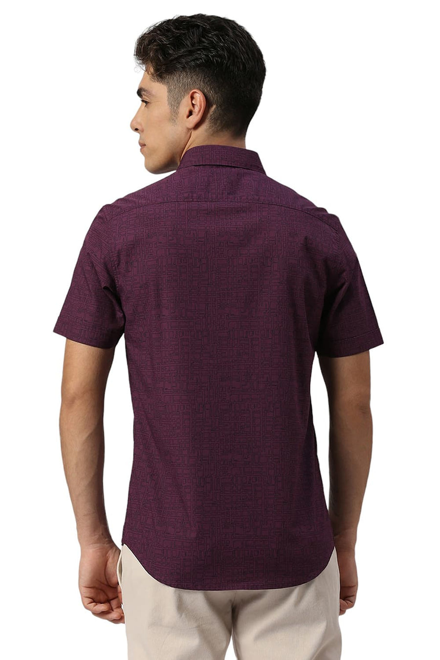 BASICS SLIM FIT PURPLE PLUM COTTON PRINTED HALFSLEEVES SHIRT