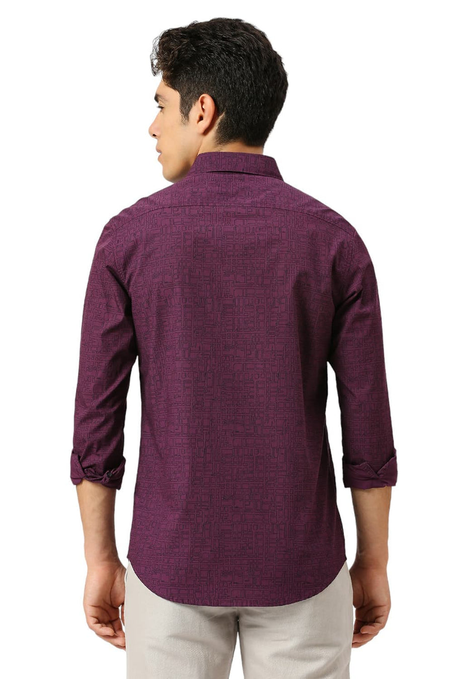 BASICS SLIM FIT PURPLE PLUM COTTON PRINTED SHIRT