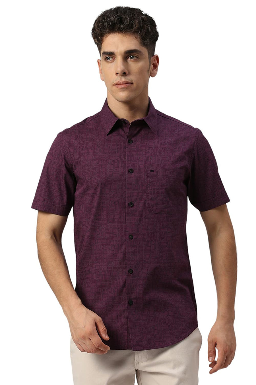 BASICS SLIM FIT PURPLE PLUM COTTON PRINTED HALFSLEEVES SHIRT