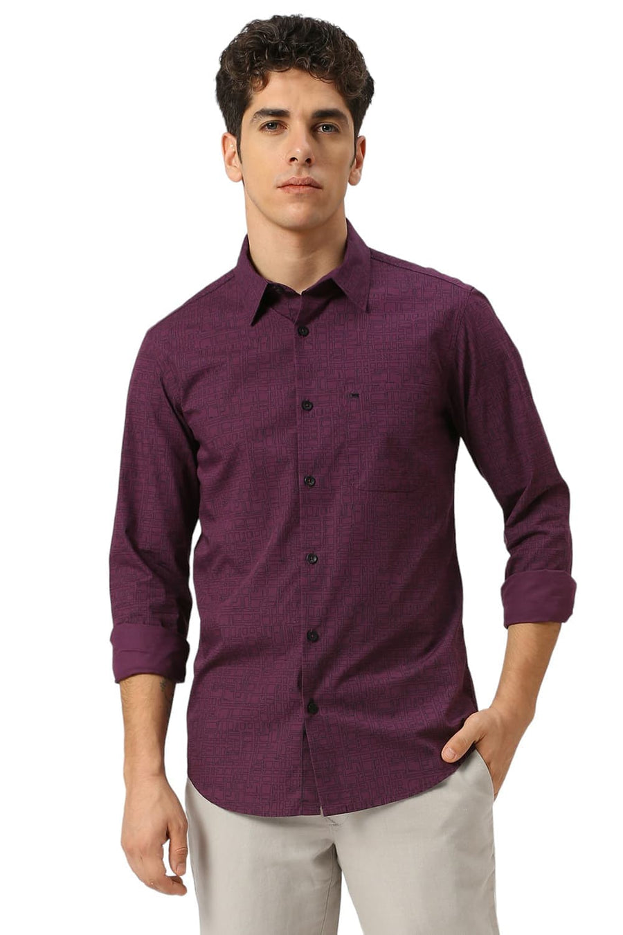 BASICS SLIM FIT PURPLE PLUM COTTON PRINTED SHIRT