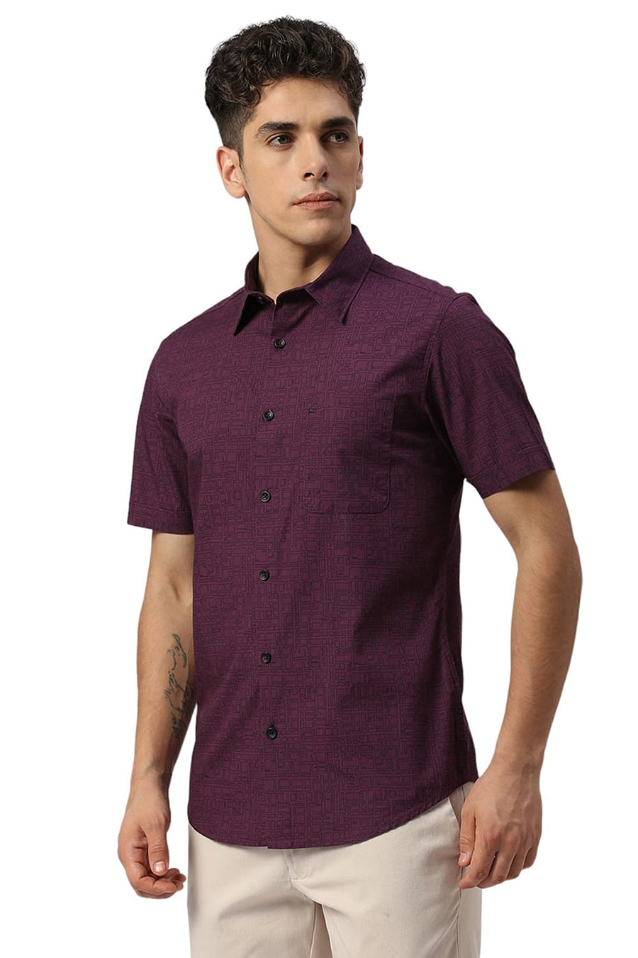 BASICS SLIM FIT PURPLE PLUM COTTON PRINTED HALFSLEEVES SHIRT