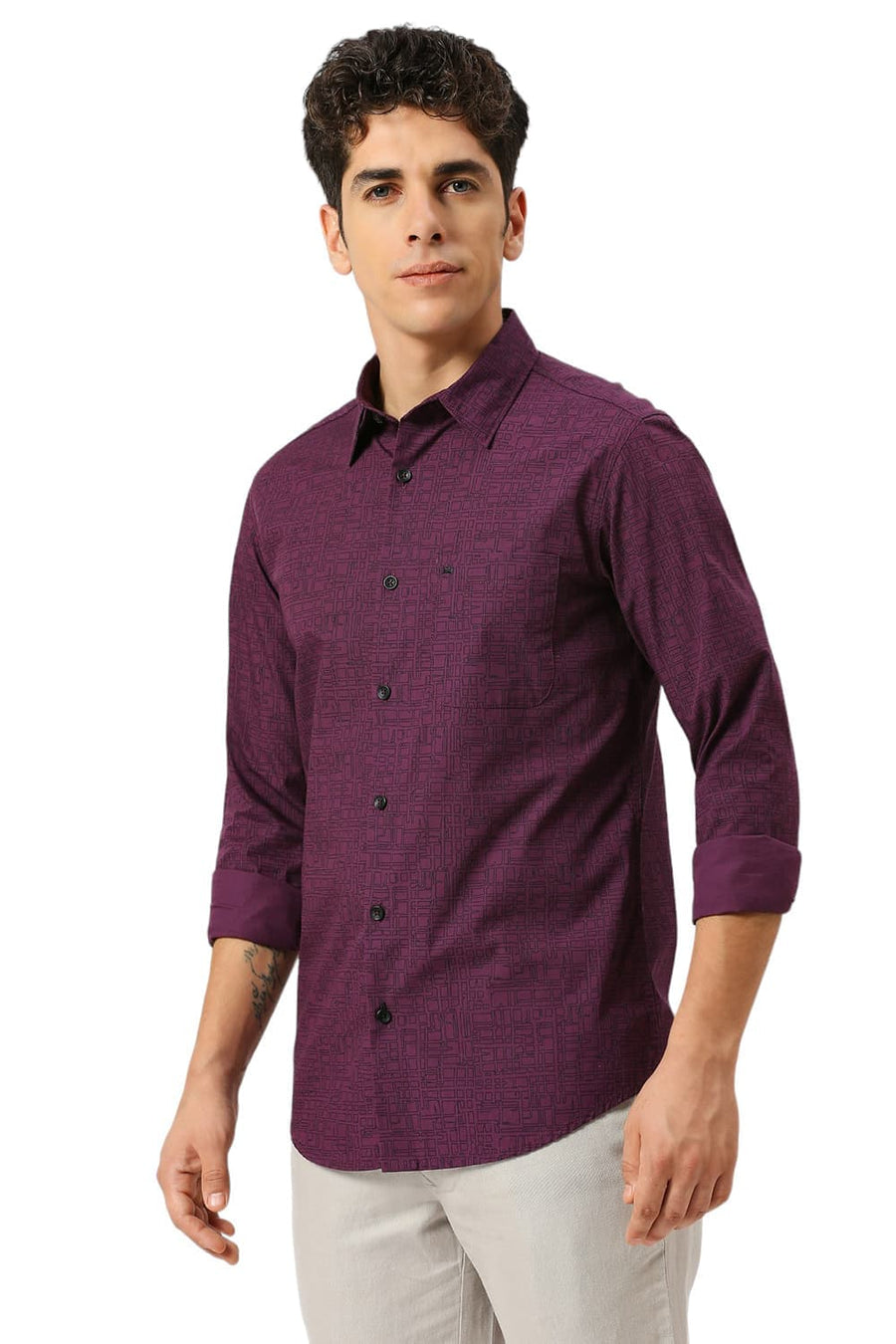 BASICS SLIM FIT PURPLE PLUM COTTON PRINTED SHIRT