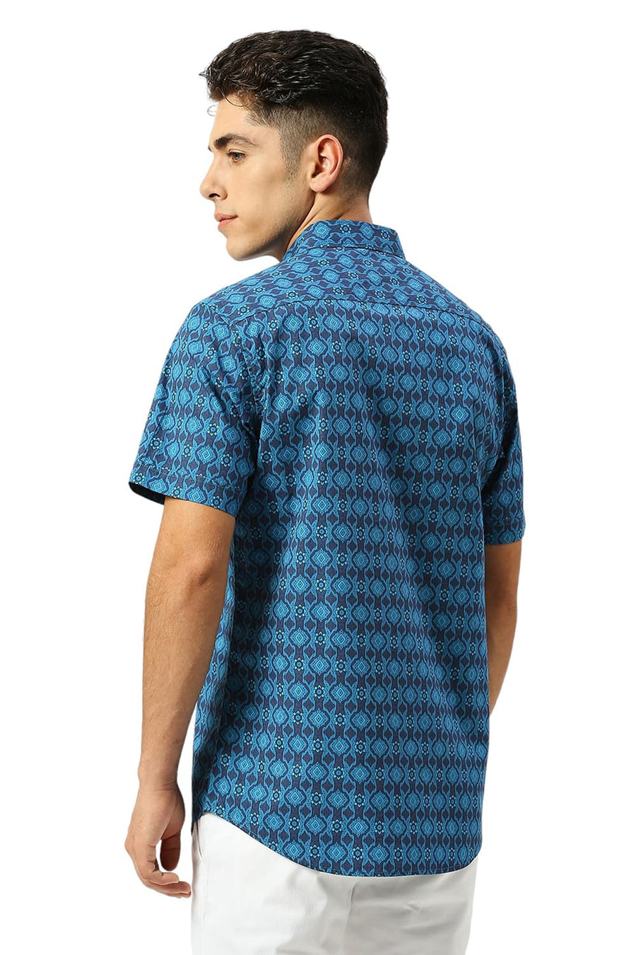 BASICS SLIM FIT TIDE BLUE COTTON PRINTED HALFSLEEVES SHIRT